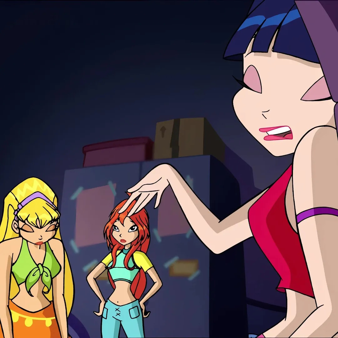 Cartoon image of Musa in front with Bloom and Stella standing behind her indoors