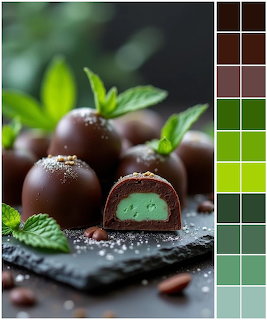 Dark chocolate truffles with mint filling and fresh mint leaves on slate