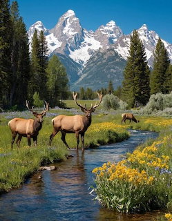 Three elk near a stream with yellow wildflowers and snow-capped mountains behind evergreen trees