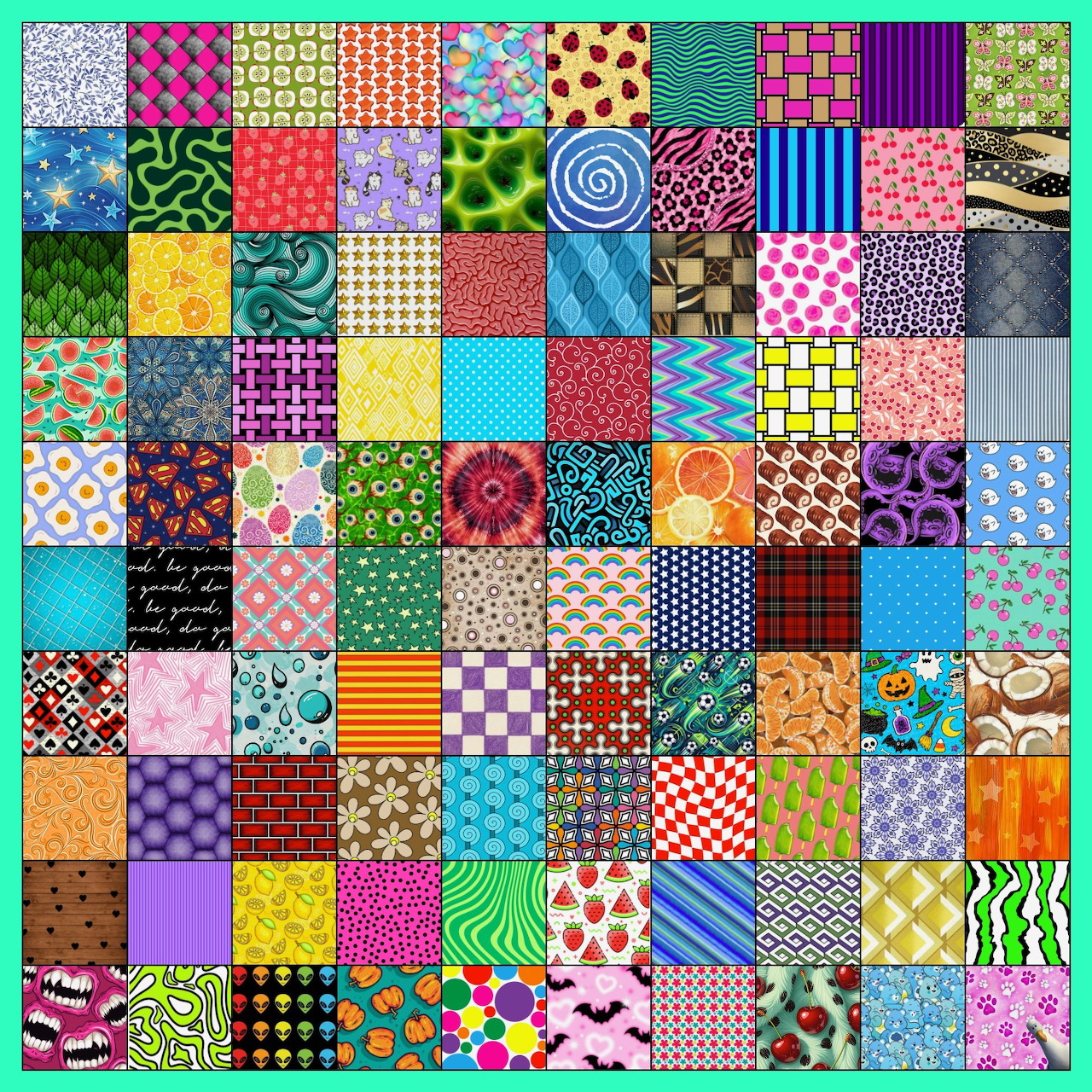 Colorful patchwork grid of patterned square tiles with florals, stripes, dots, and geometric designs.