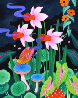 Colorful illustration of pink flowers, mushrooms, and a moth on dark background with decorative botanical elements