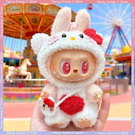 White fluffy bunny plush toy with red bow and heart held in hand at carnival