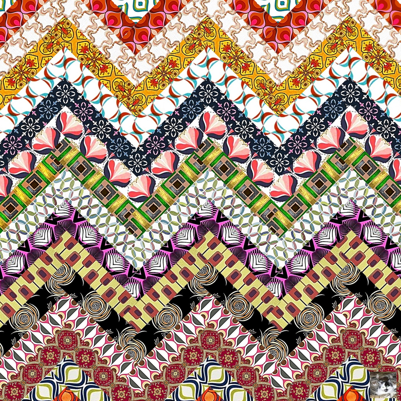 Colorful patchwork quilt pattern with geometric shapes and floral designs in horizontal bands
