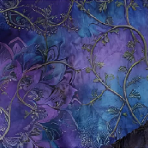 Abstract purple and blue batik with floral vines and swirling patterns