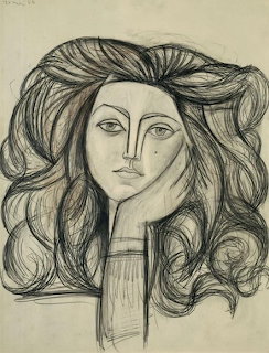 Picasso charcoal drawing of woman with long wavy hair in linear modernist style