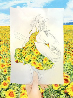 Anime girl with long hair in yellow sunflower dress standing in sunflower field