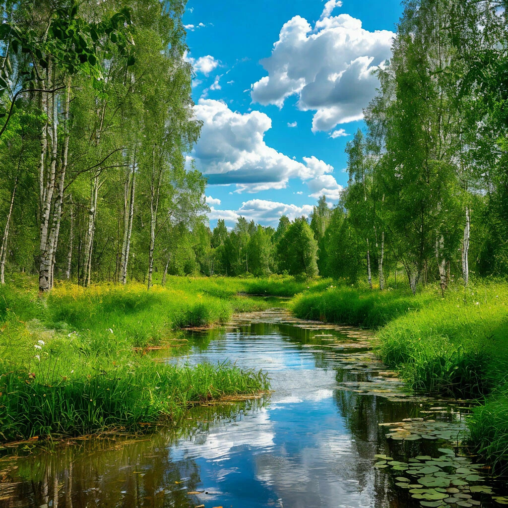 Small stream flowing through a lush birch forest beneath blue sky and white clouds