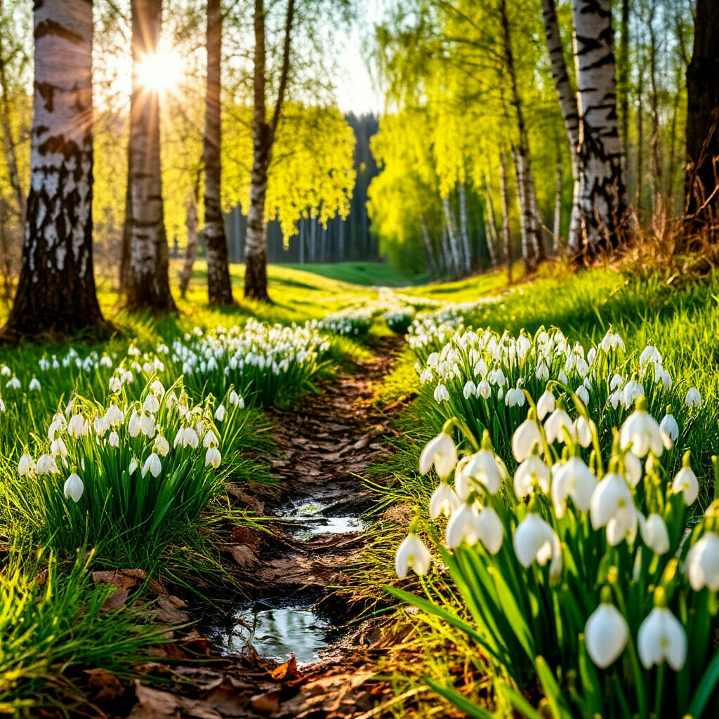 Snowdrop flowers lining a small stream in a sunny birch forest in spring