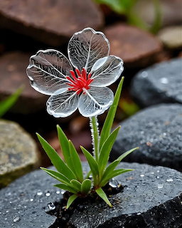 Translucent flower with red center growing between dark rocks