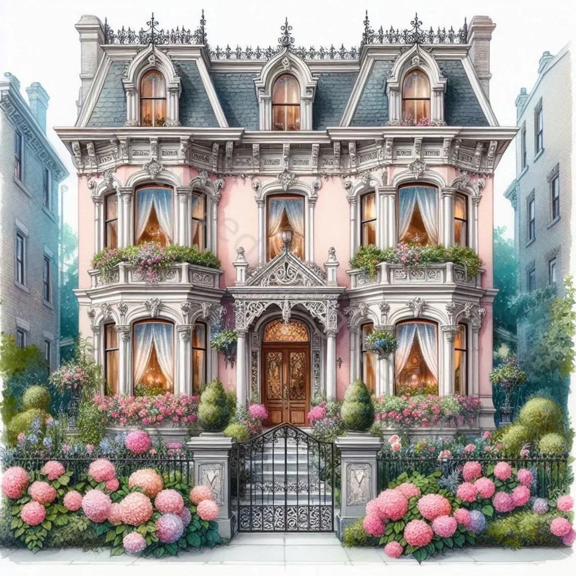 Watercolor illustration of a grand Victorian house with ornate architecture and pink flowers in front