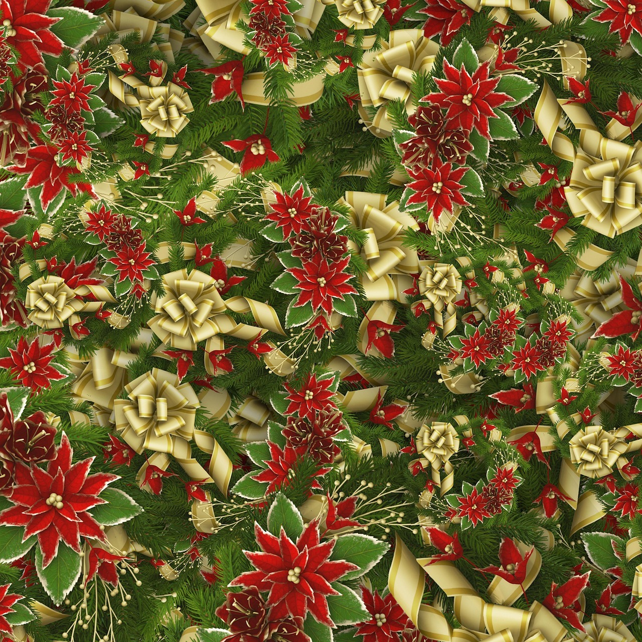 Christmas pattern with red poinsettias, gold bows, holly, and evergreen leaves