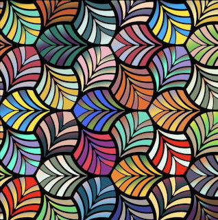 Colorful abstract pattern of overlapping spiral fan shapes with black outlines in many vivid colors