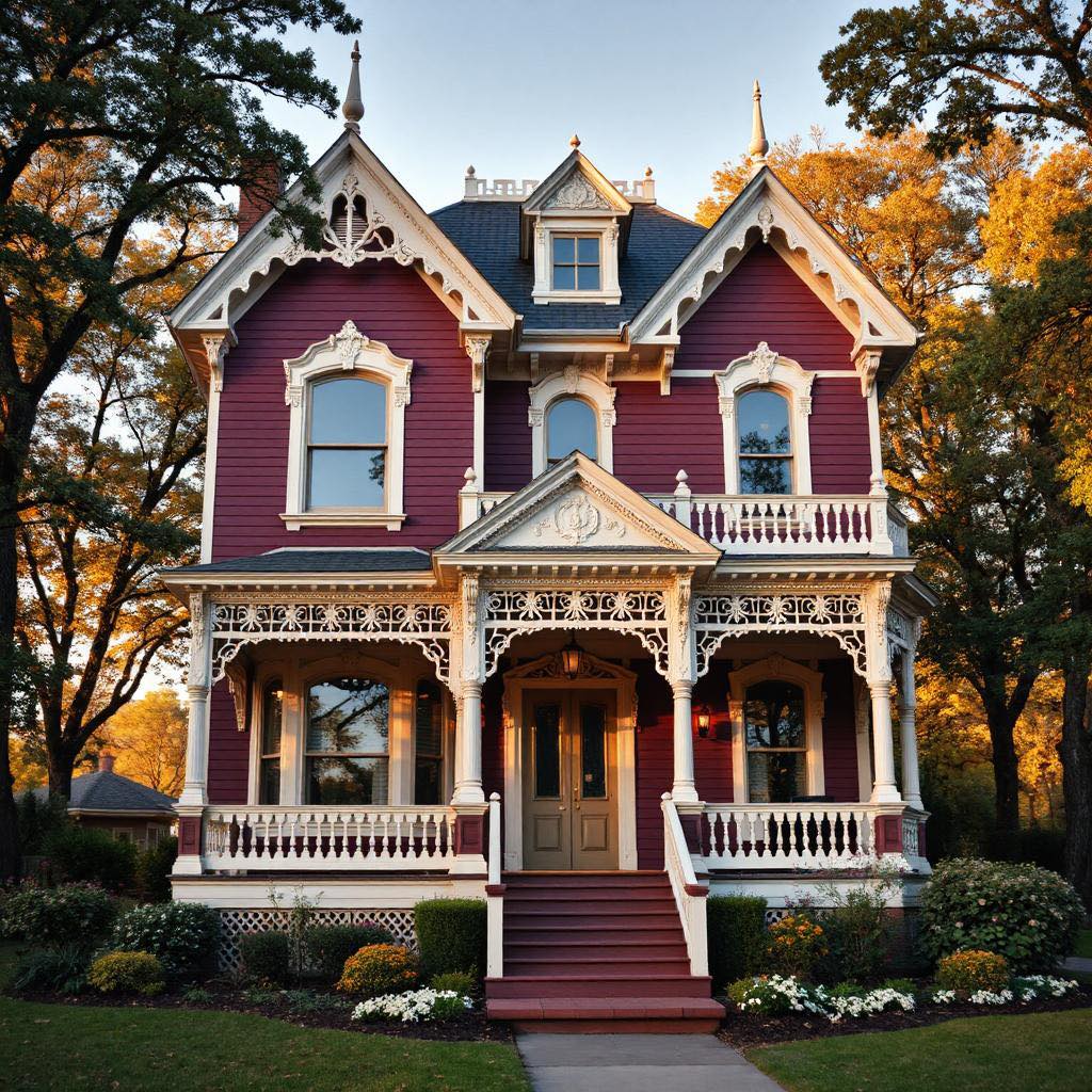 Purple Victorian mansion with white ornate trim and turret in autumn setting