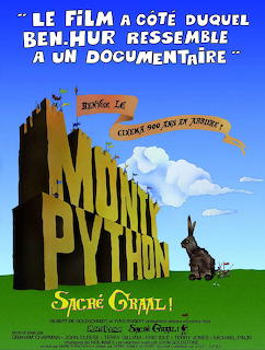 Monty Python and the Holy Grail French movie poster with large yellow title text and medieval knight illustration