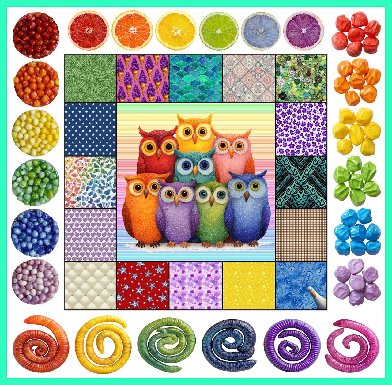 Colorful patchwork collage with rainbow owls, fruits, patterns, and geometric shapes in bright vivid colors