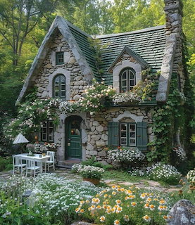 Stone cottage with green roof nestled in colorful flower garden
