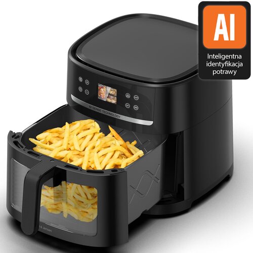 Black air fryer with a basket of french fries on a white background