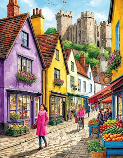 Colorful village street with purple and yellow houses, shops, people walking, and castle on hilltop background
