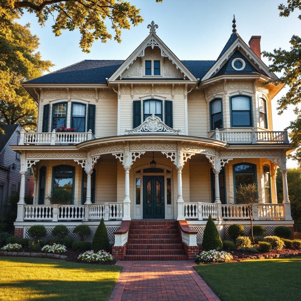 Large Victorian home with cream exterior, decorative trim, turret, wraparound porch, and red brick pathway