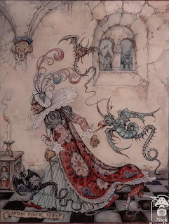 Woman in red dress with flowing hair and fantasy creatures in vintage sepia illustration