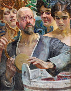 Painting of a bald bearded man holding a painter's palette surrounded by three women with elaborate hair