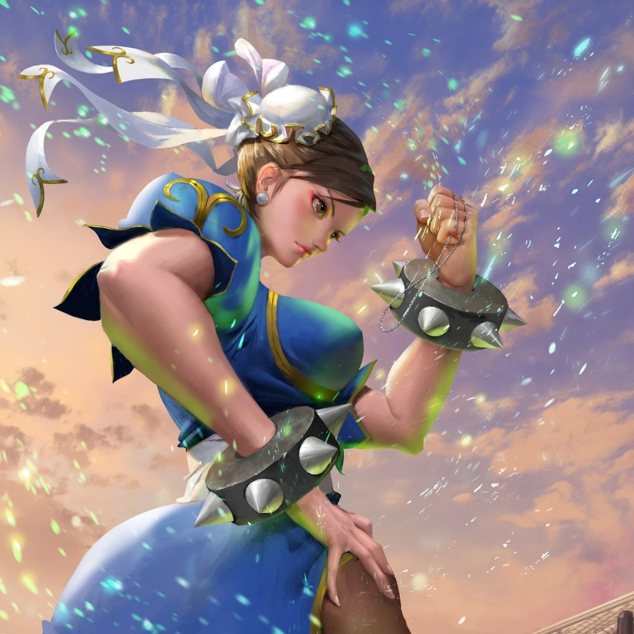 Illustration of Chun-Li in a blue dress with spiked bracelets against a glowing sky