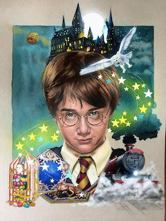 Illustrated portrait of Harry Potter with Hogwarts castle, white owl, stars, train, and candy