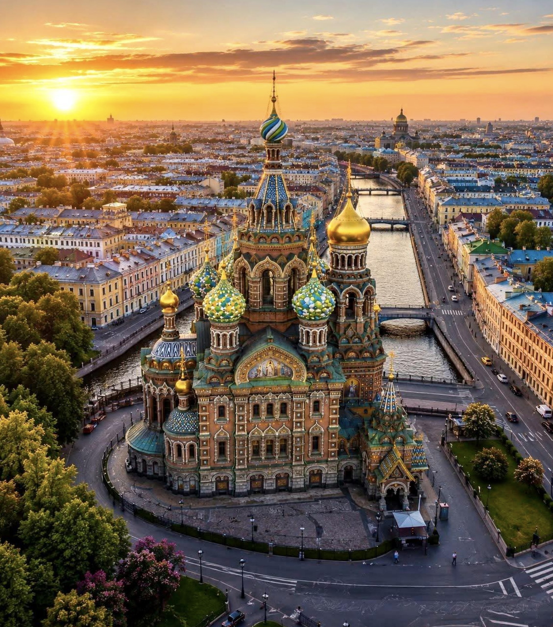 Aerial sunset view of the Church of the Savior on Spilled Blood in Saint Petersburg beside a canal
