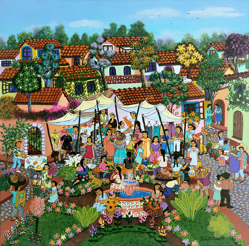 Naive folk art painting of a vibrant village market scene with colorful buildings, people, and flower stalls