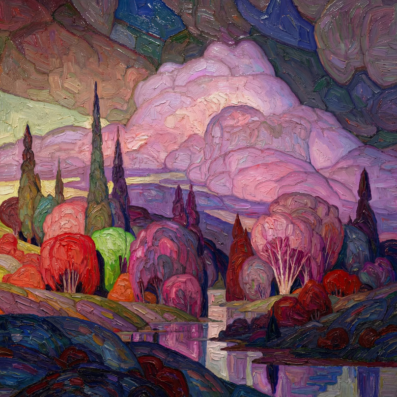 Colorful landscape painting with trees, hills, water, and large pink clouds