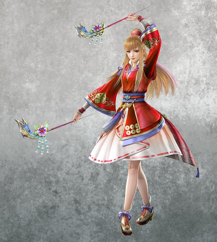 Chacha Sanada in red and white samurai outfit holding decorative wands, 3D game character render