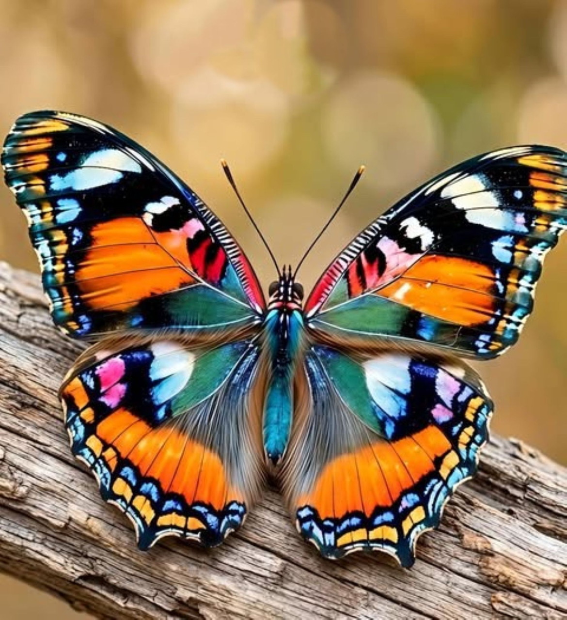 Colorful butterfly with orange, blue, and black patterned wings perched on weathered wood