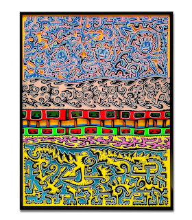 Colorful pop art painting with abstract figures and bold patterns in horizontal bands of blue, yellow, red, and green