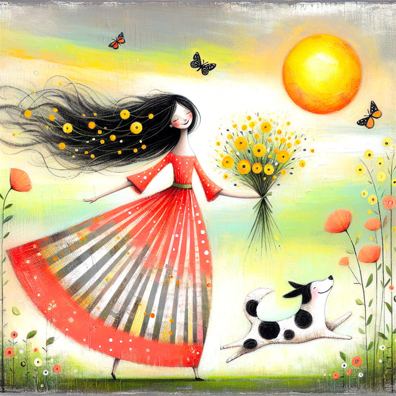 Whimsical art of girl with flowing hair in striped dress, holding bouquet, standing with spotted dog in sunny meadow