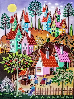 Folk art painting of a colorful village with houses, trees, animals, and a woman in a patterned dress on a hillside