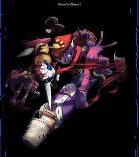 Stylized cartoon characters in a dynamic action scene with dark background, red and purple colors
