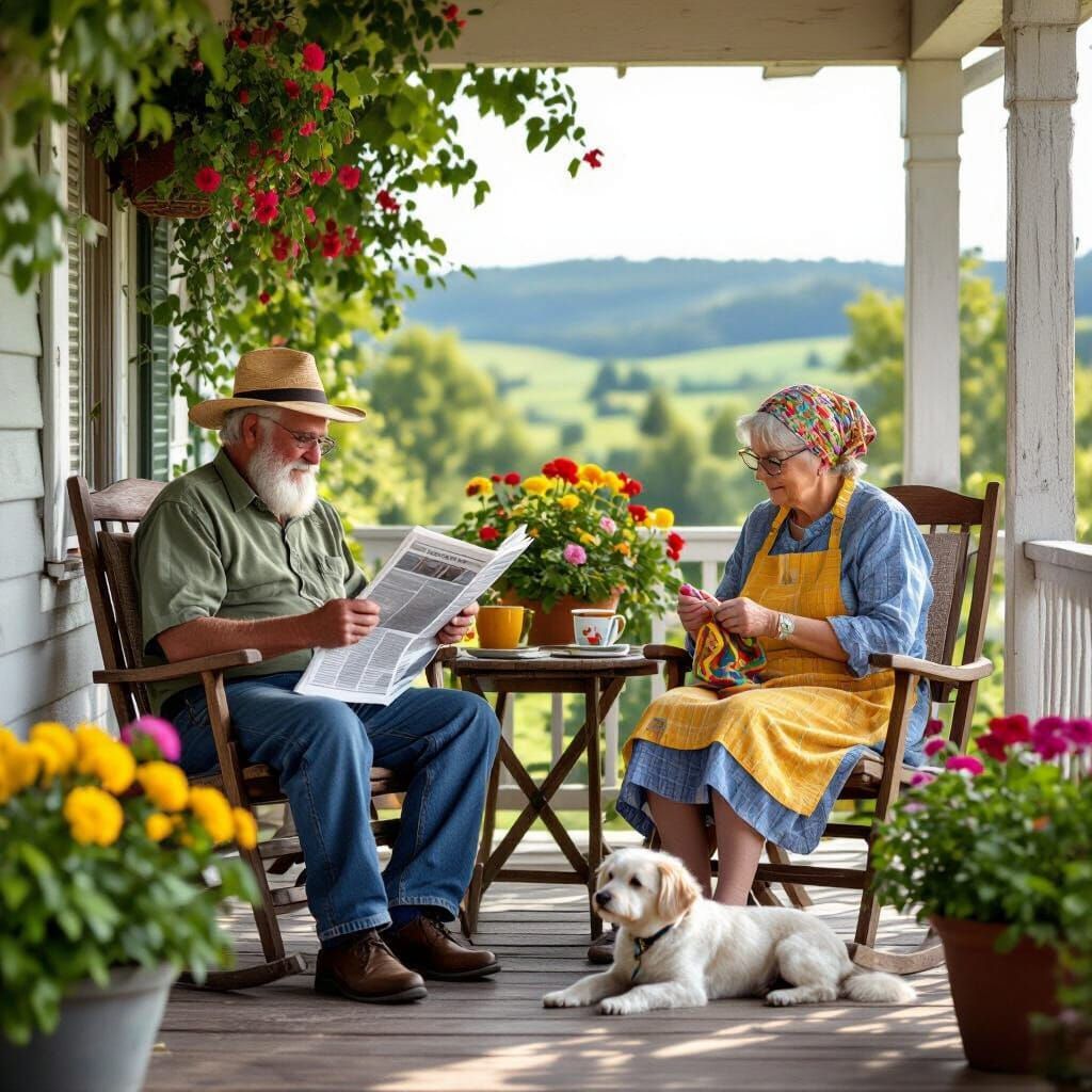 Elderly man and woman sitting on porch with dog and flowers, countryside view behind them