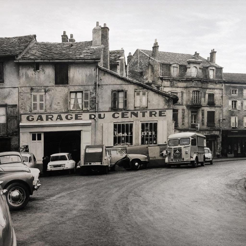 Black-and-white photo of Garage du Centre with vintage cars and a bus on a curved street