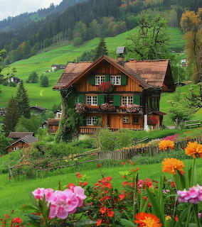 Traditional wooden Swiss chalet with flower-decorated balconies in a green alpine village with colorful garden flowers