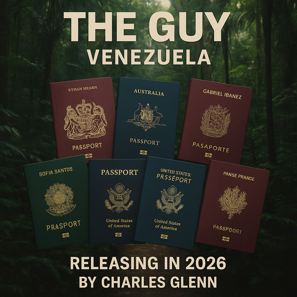Collage of seven passports on a dark green background with white text