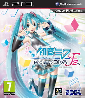 Anime girl Hatsune Miku with teal twin-tails on a PS3 game cover with music notes