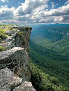 Rocky cliff edge overlooking forested Blue Ridge mountain valleys with dramatic clouds