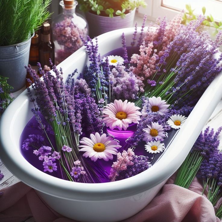 White bathtub filled with purple flowers and white daisies in a softly lit room