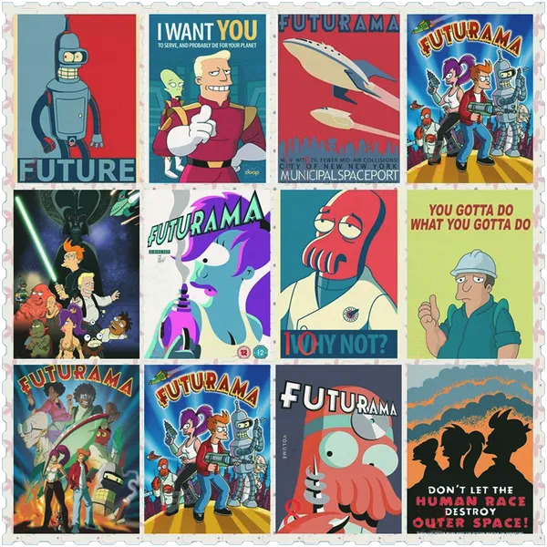 Collage of twelve Futurama posters in retro propaganda style showing cartoon characters from the animated series