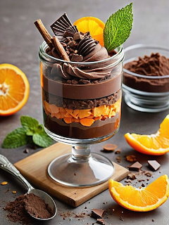 Layered chocolate dessert in glass with orange slices, mint, and chocolate wafer garnish