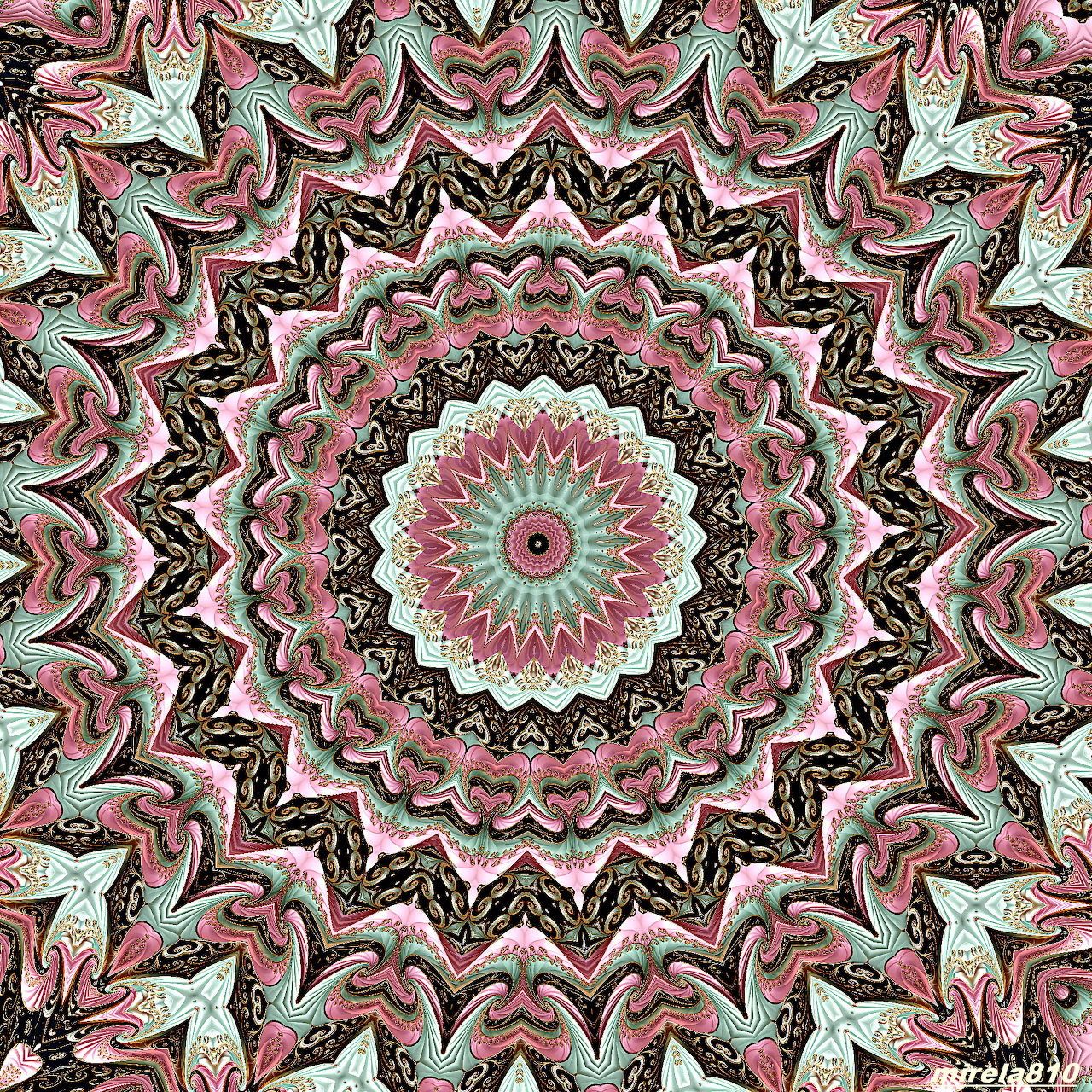 Ornate circular mandala with pink and green floral patterns in concentric rings