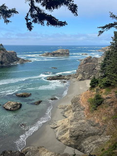 Rocky beach cove with ocean waves, sea stacks, cliffs, and evergreen trees