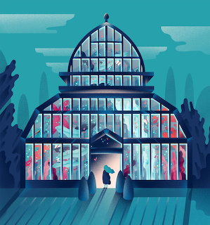 Illustration of a person entering a glowing glass greenhouse filled with plants at night