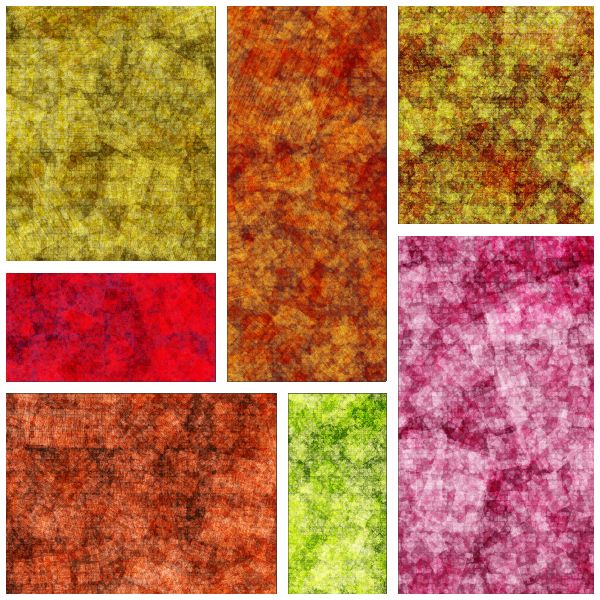 Collage of eight colorful textured panels in yellow, orange, red, pink, and green with mottled patterns
