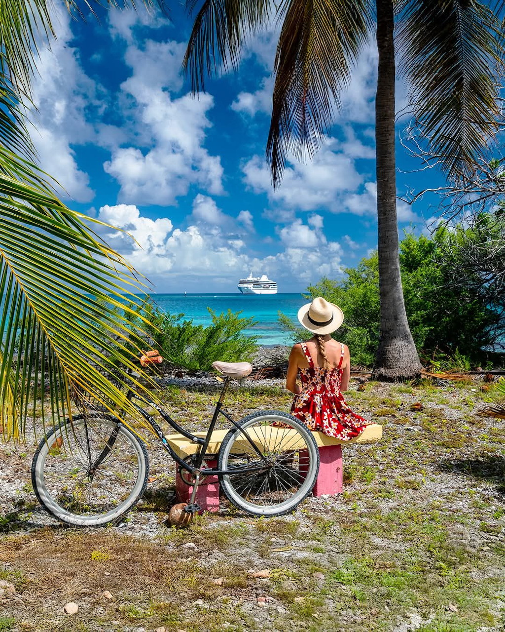 Woman Bicycle Tropical Beach